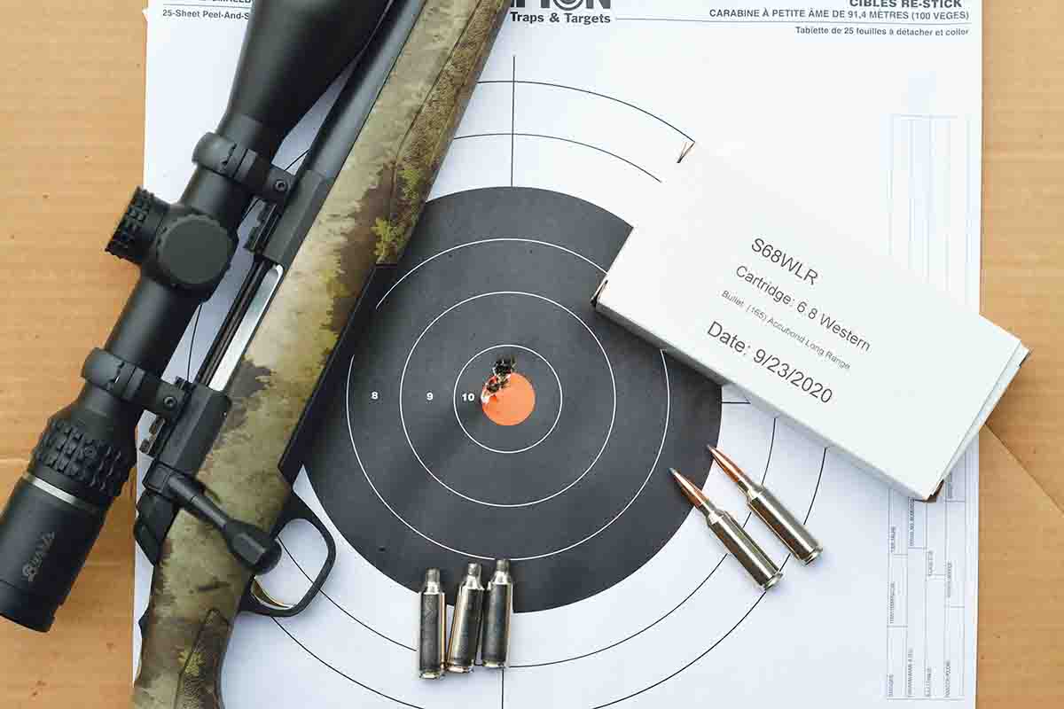 The Browning 6.8 Western proved accurate with Winchester’s 165-grain Big Game Long Range load containing the Nosler AccuBond Long Range bullet, producing groups just over a half-inch.